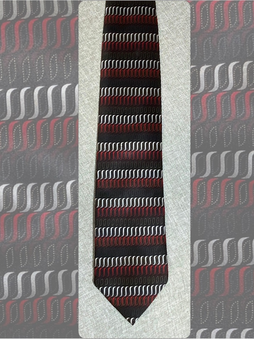 Harve Benard Silk Tie Black Red Silver Geometric Wave